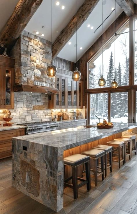 Montana Kitchen Design, Mountain Kitchen Ideas Rustic, Winter Cabin Kitchen, Ski Chalet Kitchen, Ski House Kitchen, Mountain Lodge Kitchen, Cabin Style Kitchen, Mountain Homes Interiors, Mountain Home Kitchen