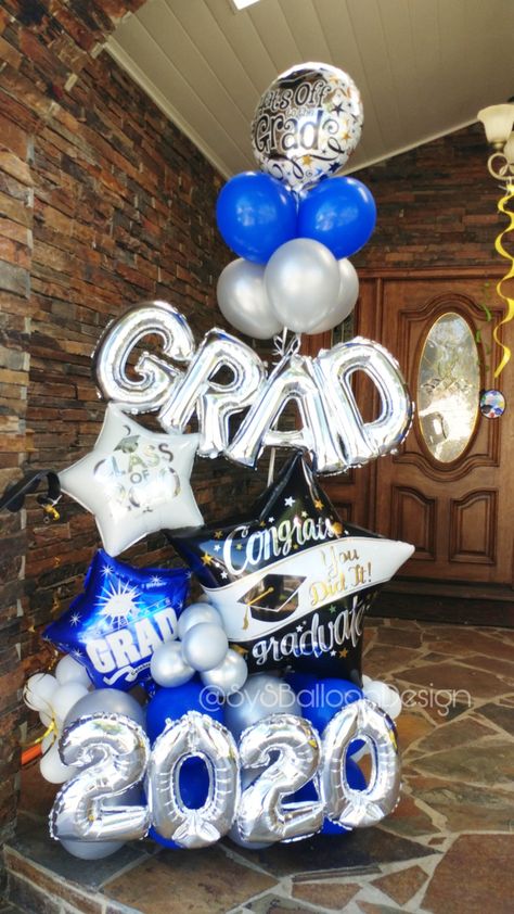 Navy Blue And Silver Graduation Party Decorations, Royal Blue And Silver Graduation Party, Blue And Silver Graduation Party Ideas, Graduation Arrangements, Ucla Party, Ballon Buquet, Grad Balloons, Blue Graduation Party, Graduation Party Desserts