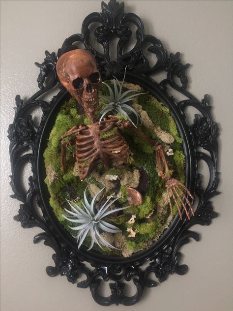 Halloween Decor With Plants, Repurposed Terrarium, Goth Market Display, Plant Mirror, Skeleton Planter Diy, Moss Halloween Decor, Plastic Skeleton Crafts, Skeleton Plant Holder, Skull Terrarium