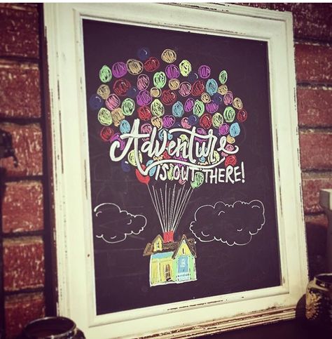 Disney/Pixar "UP" chalkboard art School Chalkboard Art, Diy Chalkboard Sign, Chalkboard Wall Art, Chalkboard Doodles, Chalk Wall, Adventure Is Out There, Chalkboard Lettering, School Chalkboard, Disney Pixar Up