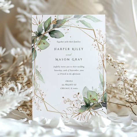 This elegant wedding invitation combines the natural charm of watercolor greenery with the sophisticated sparkle of faux gold accents. A geometric arrangement adds a modern twist to the organic eucalyptus leaves, showcased in varying shades of jade, seafoam, and hunter green. The invitation is framed with delicate gold splatters and branches, adding a touch of luxury. Perfect for a chic and contemporary wedding, this invitation will enchant your guests with its unique blend of classic botanical Watercolor Foliage, Green Invitations, Gold Wedding Invitation, Fav Products, Whimsical Watercolor, Watercolor Greenery, Elegant Wedding Invitation, Contemporary Wedding, Gold Invitations