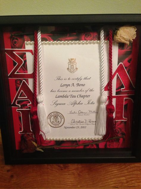 Sorority Shadow Box-- Sigma Alpha Iota Graduation Box Sorority Shadow Box Ideas, Graduation Displays, Graduation Shadow, Grad Stole, Graduation Cords, Panhellenic Council, Shadow Box Graduation, Grad Stoles, Graduation Box