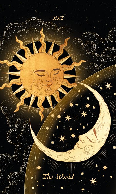 21 The World - Cocorrina The Moon And The Sun Art, Tarot Cards Sun And Moon, Tarot Aesthetic Wallpaper, Sun And Moon In Love, Celestial Sun And Moon Art, Moon And Sun Aesthetic, Tarot Wallpapers, Mystic Wallpaper, The World Tarot Card