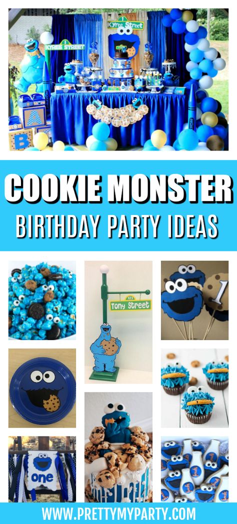 Cookie Monster Party Ideas on Pretty My Party Cookie Monster Birthday Party Decorations, Cookie Monster Party Food, Cookie Monster 1st Birthday Decorations, Kids Birthday Party Themes Boy, Cookie Monster Party Ideas, Monster Themed Food, Cookie Monster Popcorn, Cookie Monster Party Favors, Cookie Monster Party Decorations