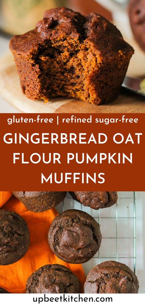 These perfectly moist gingerbread oat flour muffins with pumpkin are refined sugar-free as well as gluten-free! They are the perfect snack. Apple Gingerbread Muffins, Oat Flour Gingerbread Muffins, Protein Gingerbread Muffins, Gluten Free Gingerbread Muffins, Pumpkin Bread Oat Flour, Oat Flour Gingerbread, No Flour Muffins, Gluten Free Healthy Muffins, Oat Muffins Gluten Free