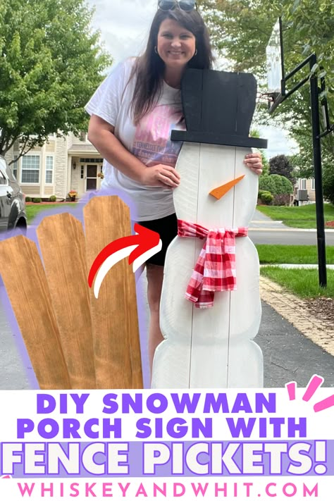 Grab $3 wood fence pickets NOW to make these EASY Christmas DIYs - Whiskey & Whit Winter Fence Decorations, Fence Picket Welcome Sign Diy, 4x4 Post Christmas Projects, Fence Picket Snowman, Fall Fence Picket Projects, Wooden Snowman Diy, Crafts With Bricks, Fence Picket Projects Diy, Wooden Snowman Diy Front Porches