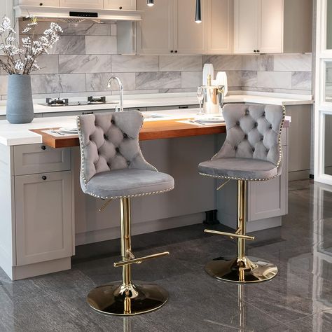 BAXMUY Swivel Bar Stool Adjustable Counter Height Barstools, Velvet Upholstered Chrome Gold Base Bar Chair with Backs Tufted, for Home Pub and Kitchen Island Chairs, Gray Bar Chairs Set of 2. This post contains affiliate links. Velvet Barstools, Grey Kitchen Island, Island Chairs, Bar Stools With Backs, Cozy Seating, Stools With Backs, Adjustable Bar Stools, Counter Height Bar Stools, Counter Bar Stools