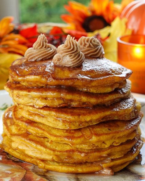 Pumpkin Pancakes with Cinnamon Butter – CHEZ CHANELLE Lukes Pumpkin Pancakes With Cinnamon Butter, Pumpkin Pancakes With Cinnamon Butter, Pancakes With Cinnamon, Apple Crisp Topping, Brie Cranberry, Grilled Cheese Croutons, Pumpkin Pancake Recipe, Whipped Goat Cheese, Lemon Potatoes