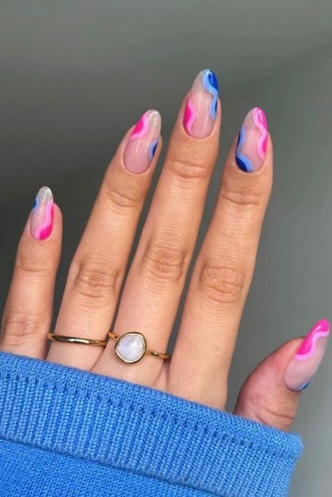 Short Summer Acrylic Nails, Nail Inspo Unique, Pink Blue Nails, Blue Summer Nails, Short Nails Summer, Taylor Swift Nails, Pink Summer Nails, Summer Gel Nails, Summer Nail Designs