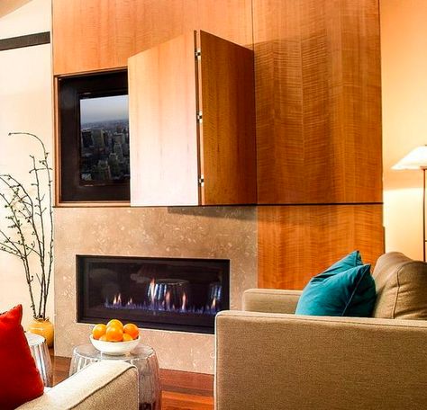 Recessed area for TV over fireplace with "Hidden" doors made from same tile as overall structure.  Not visible when closed. Hide Tv Over Fireplace, Hidden Tv Cabinet, Tv Over Fireplace, Contemporary Family Room, Trendy Door, Modern Tv Cabinet, Tv Cabinet Design, Hidden Tv, Flat Screen Tv