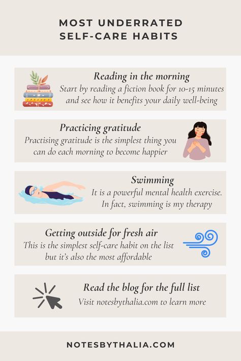 Most Underrated Self-Care Habits Infographic thank includes Reading in the morning, Start by reading a fiction book for 10-15 minutes and see how it benefits your daily well-being, Practising gratitude is the simplest thing you can do each morning to become happier, Swimming, It is a powerful mental health exercise. In fact, swimming is my therapy
Getting outside for fresh air and more ; black text over beige box and colourful graphics 2024 Changes, Running Plan, Happy November, Menstrual Health, My Mental Health, Feminine Health, Self Care Bullet Journal, Organization Inspiration, Get My Life Together