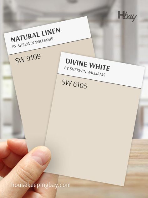 The image presents a comparison of two Sherwin Williams paint colors. On the left is "Natural Linen" (SW 9109), a warm beige with soft tan undertones. On the right is "Divine White" (SW 6105), a lighter and creamier off-white with warm undertones. Both samples are shown side by side, allowing for a clear contrast between the slightly deeper, more beige tone of Natural Linen and the lighter, softer warmth of Divine White. Sw Divine White, Sherwin Williams Natural Linen, Divine White, Yellow Paint Colors, Warm Beige, Mountain Home, Yellow Painting, Coordinating Colors, Sherwin Williams