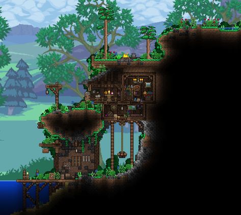 Terraria Boreal House, Terraria Basement Ideas, Terraria Cave House Ideas, Terraria Library, Terraria Mushroom Biome House, Terraria Hellevator, Terraria Treehouse, Terraria Cavern House, Terraria Bridge