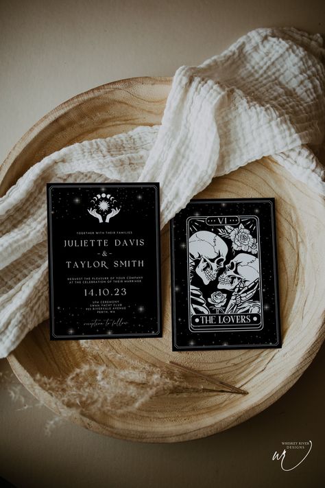 Gothic Halloween Wedding Invitation, Editable Template, Tarot Card Wedding Invitation, The Lovers Invite, WR033 by WhiskeyRiverAU on Etsy Hallowedding Invitations, Tarot Card Wedding Invitation, Tarot Card Wedding, Moody Wedding Invitations, Halloween Wedding Invitations, Card Wedding Invitation, The Lovers Tarot Card, Wedding Graphics, Pagan Wedding