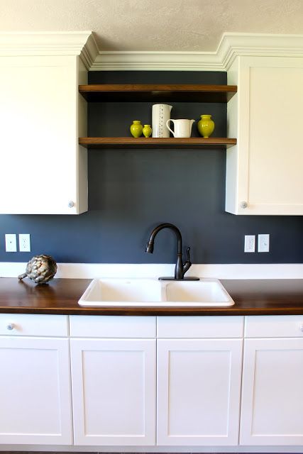 hale-navy-kitchenette-transformation...love the white rustic wood accents and navy walls Kitchen Mcgee, Studio Mcgee Paint Colors, Guest Studio, Kitchen With White Cabinets, Guest Beds, Green Studio, Navy Kitchen, Kitchen Tour, Hale Navy