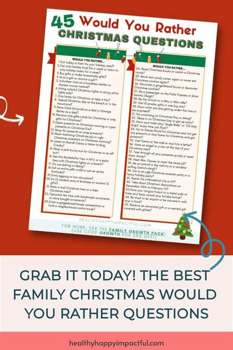 "45 Would You Rather Christmas Questions list with a red and green festive design." Christmas Interview Questions For Kids, Holiday Would You Rather, Would You Rather Winter Questions, Would You Rather Christmas Kids, Would You Rather Questions Christmas, Christmas Get To Know You Questions, Christmas Would You Rather Adult, Never Have I Ever Christmas Questions, Would You Rather For Adults