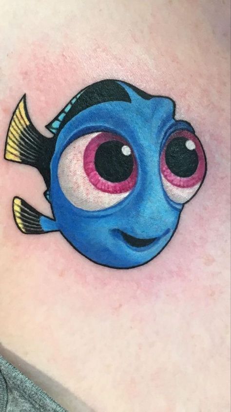 New School Disney Tattoo, Dori Tattoo Finding Nemo, Baby Dory Tattoo, Disney Movie Tattoos, Dory Tattoo Small, Dory Tattoo Ideas, Dory Tattoo, Nemo Tattoo, Baby Dory