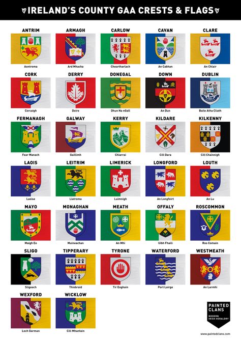 Ireland's County GAA Crests & Flags. www.paintedclans.com Irish Clans, Cavan Ireland, Genealogy Ireland, Viking Names, Road Trip Bingo, World Country Flags, County Flags, Farm Coloring Pages, Ireland History