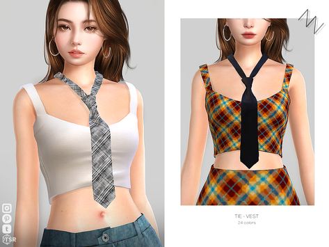 The SIMS 4 custom content can be downloaded at TSR #sims4 #sims4cc #sims4clothes Sims 4 Cc Vest, Sims 4 Vest, Women Kpop, The Sims 4 Custom Content, Sims 4 Decades Challenge, Tie Outfit, School Ties, Tie Vest, Loose Tie