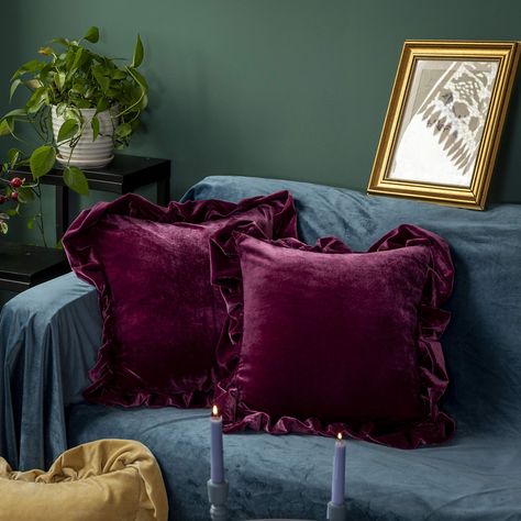 Dark Pink Pillows Living Room, Grey Sofa Purple Pillows, Pillow Combinations Couch Velvet, Cushions For Purple Sofa, Dark Purple Pillows Bedroom, Mauve Velvet Throw Pillow, Lush Velvet Pillow Covers, Purple Accent Pillows Beds, Dark Maroon Pillow