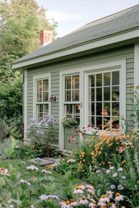 Cottage Home Exterior Colors, Country Cottage Exterior Colors, Light Green House Exterior, Green Cottage Exterior, Mobile Home Exterior Remodel, Sage Green Exterior House Colors, Sage Green House Exterior, Light Green House, Green Home Exterior