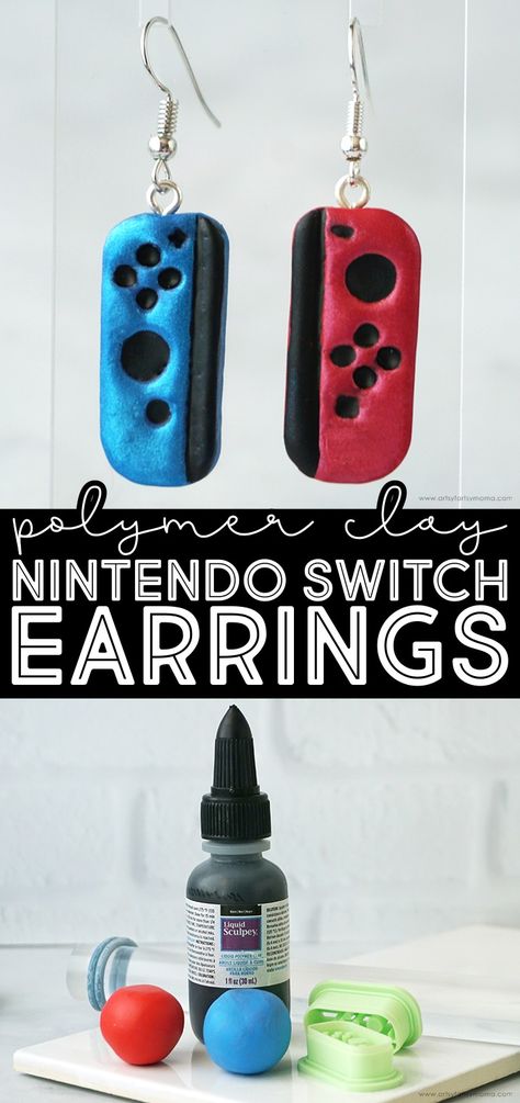 Polymer Clay Nintendo Switch Earrings #polymerclay #polymerclayearrings #polymerclayjewelry #polymerclaytutorial #nintendoswitch #nintendo #nintendocrafts #diyearrings #diyjewelry #claycrafts #clayearrings #clayjewelry #sculpey #sculpeypremo Clay Nintendo, Black Liquid, Jewelry Pliers, Cotton Swab, Geek Gifts, Creative Jewelry, Craft Stick Crafts, Uv Resin, Craft Tutorials