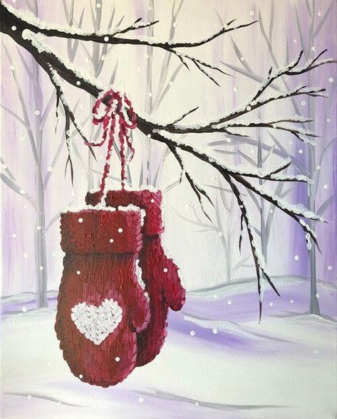 Acrylic Winter Painting Ideas, Christmas Trees Paintings, Christmas Artwork Painting, February Painting Ideas, Mitten Painting, Valentine Watercolor Ideas, Painted Christmas Cards Acrylics, Winter Drawings Christmas, Winter Painting Ideas On Canvas