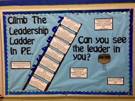 Climb The Leadership Ladder In P.E. Image Gym Bulletin Board Ideas, Leadership Bulletin Boards, Physical Education Bulletin Boards, Pe Bulletin Boards, Physical Education Curriculum, High School Bulletin Boards, Money Board, Elementary Pe, Bullentin Boards