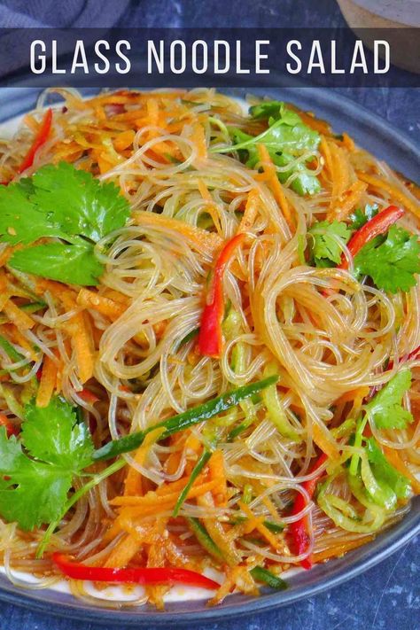 A popular Chinese appetizer, glass noodle salad combines springy noodles, crunchy vegetables and a mouthwatering dressing. It’s vegan and gluten-free adaptable. Asian Salad With Noodles, Japanese Glass Noodle Salad, Glass Noodle Salad Recipes, Glass Noodle Sauce, Chinese Glass Noodle Recipes, Recipes With Glass Noodles, Chinese Noodle Salad, Glass Noodle Recipes, Thai Glass Noodle Salad