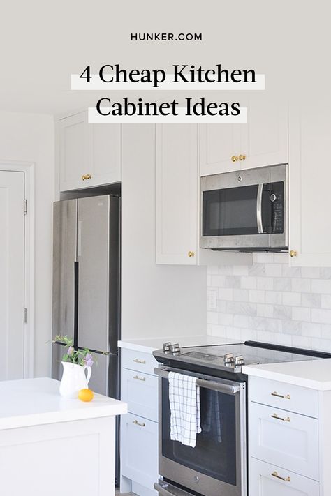 Here's a quick look at some cheap kitchen cabinet ideas and what you need to know before you starting shopping. #hunkerhome #cheap #kitchen #kitchencabinetideas #cabinet Temporary Kitchen Cabinets, Cheap Kitchen Cabinet Ideas, Cheap Kitchen Cabinet, Temporary Kitchen, Ikea Sektion Cabinets, Affordable Kitchen Cabinets, Kitchen Eating Areas, Stock Kitchen Cabinets, Kitchen Cabinets Ideas