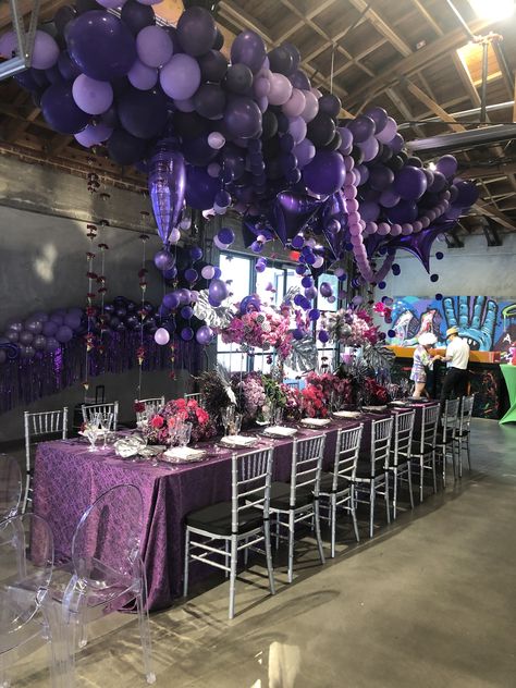 Beautiful 80’s Purple Rain event. Fabulous for corporate, birthday, party, etc.  Design was inspired by Purple Rain Album cover and the movie. Purple Rain Prince Party, Purple Rain Party Decorations, Purple Rain Themed Party, Prince Purple Rain Themed Birthday Party, Purple Rain Themed Birthday Party, Purple Rain Party Theme, Prince Purple Rain Party, Purple Rain Party, Rockstar Decorations