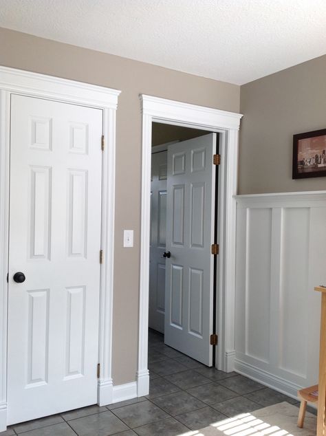 Perfect Greige by Sherwin Williams Sherwin Williams Perfect Greige, Perfect Greige, Small Basement Remodel, Interior Paint Colors Schemes, Black Interior Doors, Interior Painting, Room Paint Colors, Solid Core, Wall Paint Colors