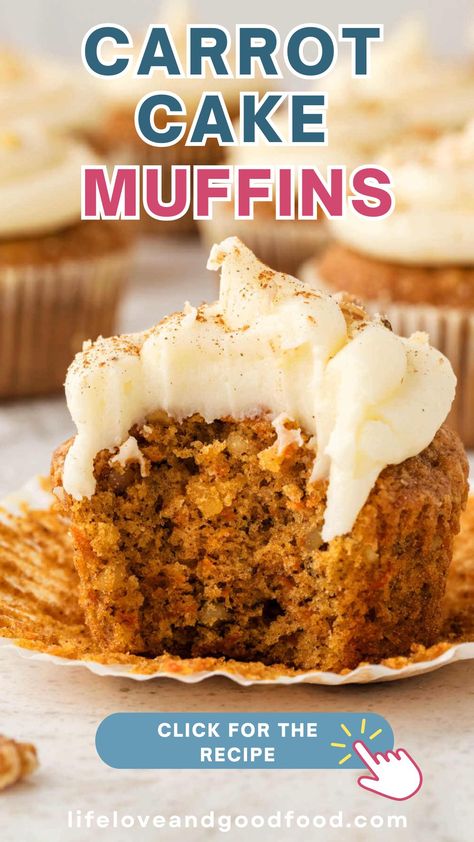 Moist Carrot Cake Muffins with fresh carrots, warm spices, and tangy cream cheese frosting burst with carrot cake flavor in every bite! You'll have trouble deciding whether to serve them for brunch or dessert! Carrot Snack Cake, Carrot Cake Cupcakes Easy, Cream Cheese Carrot Cake Muffins, Buttermilk Carrot Muffins, Carrot Cake Recipe Muffins, Carrots Cake Muffins, Baking With Carrots, Hawaiian Pineapple Carrot Muffins, Best Carrot Muffins Moist