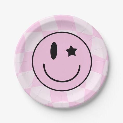 Add a Y2K twist to your party table with our Retro Pink Winking Happy Face Paper Plates! These charming plates feature a pink happy face with a star winking eye, set against a pink checkered background, creating a fun and nostalgic vibe. Perfect for serving up delicious party food with a side of smiles, these plates are ideal for birthday parties or any event where you want to add a touch of fun. Bring a smile to your guests' faces with our Retro Pink Winking Happy Face Paper Plates! Pink Checkered Background, Preppy Party Decorations, Face Lightening, Winking Eye, Checkered Background, Preppy Party, Pink Checkered, Custom Paper Plates, Fancy Cookies