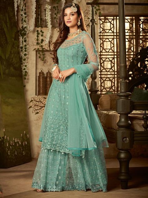 Pristine sea green partywear sharara suit online which is crafted from net fabric with exclusive embroidery, zari and stone work. This stunning designer sharara suit comes with net bottom and net dupatta. Pakistani Sharara Suit, Green Anarkali Suits, Pakistani Sharara, Green Sharara, Designer Sharara Suits, Floor Length Anarkali, Frock Designs, Designer Anarkali Suits, Frock Style