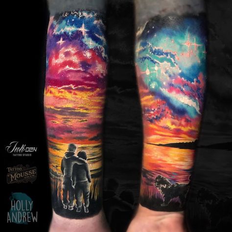 Cool Space Tattoos, Galaxy Tattoo Sleeve, Space Tattoo Sleeve, Detailed Tattoos, Darkside Tattoo, Cover Up Tattoos For Men, Lake Tattoo, Sky Tattoos, Space Tattoos