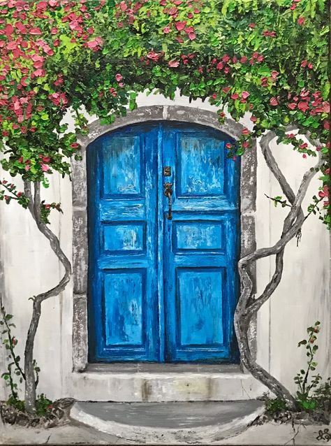 Blue door in Santorini Greece oil painting abstract oil -Irina Semchuk Greece Painting, Greece Art, Watercolor Architecture, Small Canvas Paintings, Art Painting Gallery, Small Canvas Art, Nature Art Painting, Blue Door, Window Painting