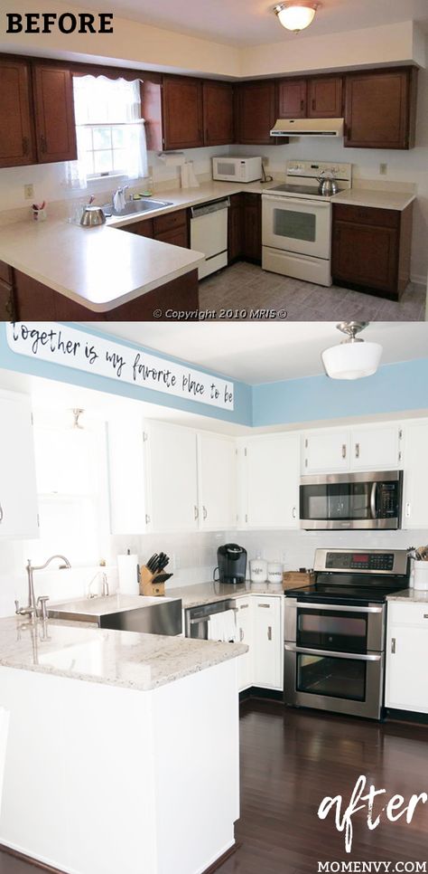 Farmhouse Kitchen. See how a 1980's kitchen was turned into a farmhouse kitchen. It was an inexpensive kitchen remodel. #farmhousekitchen #diykitchen #whitekitchen Long Narrow Kitchen, Tiny Kitchen Remodel, Inexpensive Kitchen Remodel, Condo Kitchen Remodel, Ranch Kitchen Remodel, Ranch House Remodel, Galley Kitchen Remodel, Lights Kitchen, Kitchen Remodel Cost