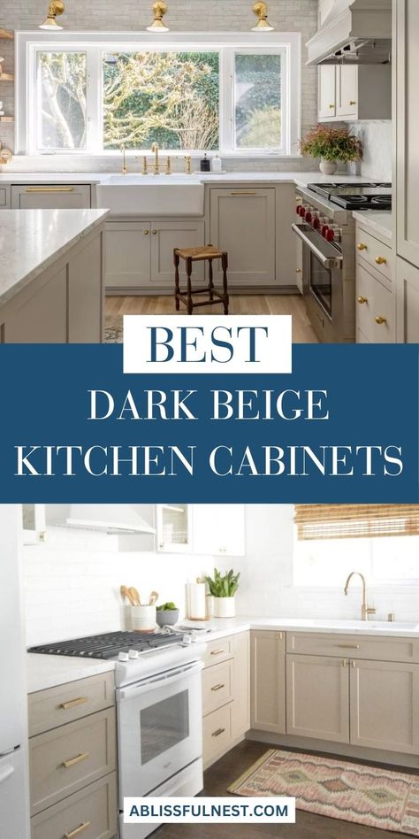 Dark beige kitchen cabinets are a fantastic choice for anyone looking to achieve a sophisticated and timeless look in their home. Their versatility allows them to pair beautifully with both modern and traditional elements, creating a harmonious atmosphere. Imagine the warmth they can bring, making your kitchen a favorite gathering spot. Consider dark beige as your go-to color for a stylish upgrade! #homeinspo #kitchenrenovation #designideas Beige And Gray Kitchen, Beige And Black Kitchen Cabinets, Dark Beige Kitchen Cabinets, Accesible Beige Cabinet Kitchen, Khaki Kitchen Cabinets, Dark Beige Kitchen, Beige Kitchen Cabinets Black Countertop, Beige And Black Kitchen, Sand Cabinets