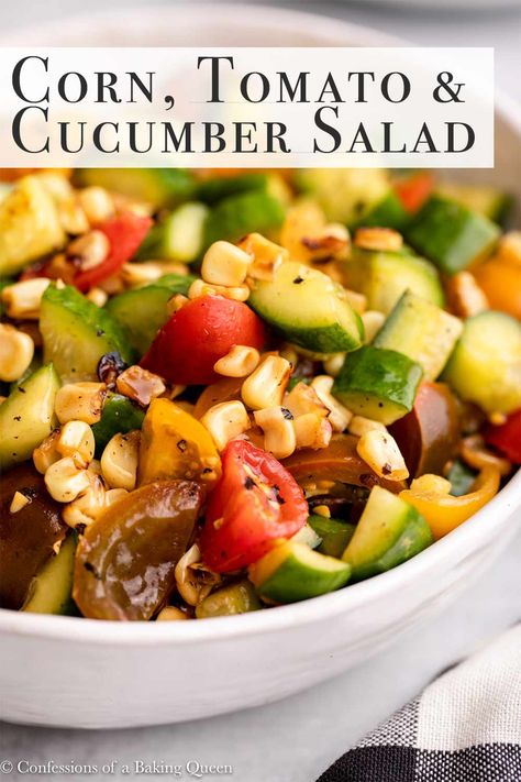 Corn Tomato Cucumber Salad is the perfect summer salad for your BBQ! Filled with crunchy veggies and sweet tomatoes then tossed in an easy balsamic dressing this summer salad recipe is sure to hit the spot! Corn Tomato Cucumber Salad, Tomato And Cucumber Salad, Tomato Cucumber Salad, Mason Jar Salads, Crunchy Veggies, Jar Salads, Galette Recipe, Tomato Cucumber, Balsamic Dressing