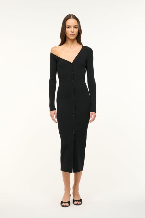 STAUD CRAFTSMAN SWEATER DRESS BLACK Sweater Dress Black, Athleisure Dress, Fitted Cardigan, Fitted Midi Dress, Sandal Platform, Winter 2024, Fall 2024, Kitten Heel, Mules Shoes