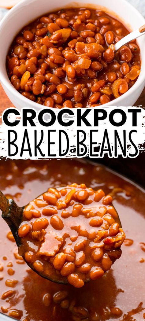 Have everyone running when you ring the dinner bell for these Crockpot Baked Beans! Smoky and delicious, these are a must-have at the BBQ! #BreadBoozeBacon #bakedbeans #crockpot #slowcooker #beans #bacon #brownsugar #sidedish #cookout #memorialday #4thofjuly Crockpot Baked Beans, Slow Cooker Baked Beans, Dinner Bell, The Dinner, Baked Beans, Molasses, Slow Cooker, Bacon, Running