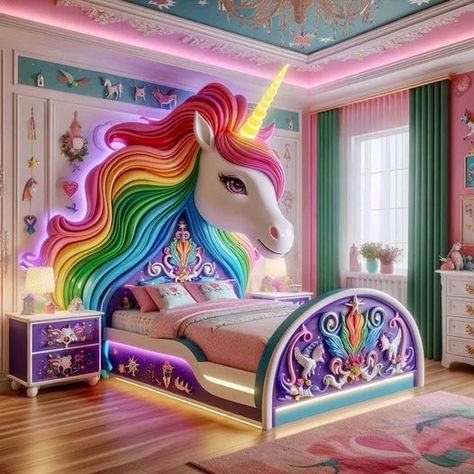 A colorful kids' room with bright patterns and playful furniture. Unicorn Wardrobe Furniture, Unicorn Bedrooms, Unicorn Furniture, Unicorn Bedroom Ideas, Unicorn Bed, Baby Dedication Party, Bedroom Unicorn, Bedroom Ideas For Small Rooms Diy, Magical Design