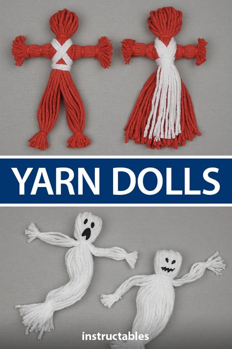 Easy Yarn Dolls, How To Make A Poppet, Halloween Crafts With Yarn, How To Make A Yarn Doll, Yarn Crafts Halloween, Yarn Kids Crafts, Yarn Dolls How To Make, Diy Yarn Dolls How To Make, Doll Making Ideas