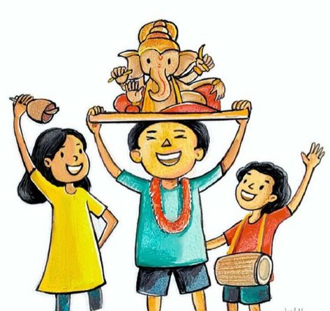 Ganesh Festival Drawing, Ganpati Festival Drawing, Ganpati Festival Memory Drawing, Ganpati Cartoon, Ganapati Illustration, Ganesh Chaturthi Illustration, Indian Festival Drawing, Ganesha Cartoon, Ganpati Illustration