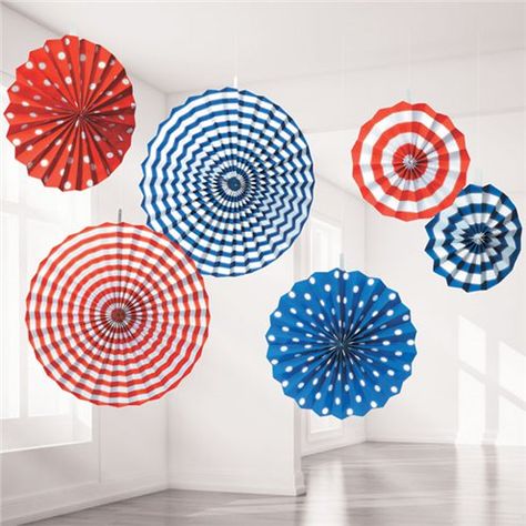 Red, White & Blue Paper Fan Decorations - 40cm Captain America Party Decorations, Patriotic Classroom Theme, Patriotic Classroom, Paper Centerpieces, Paper Fan Decorations, Blue Bubbles, Fourth Of July Party, Printable Classroom Decor, Paper Rosettes