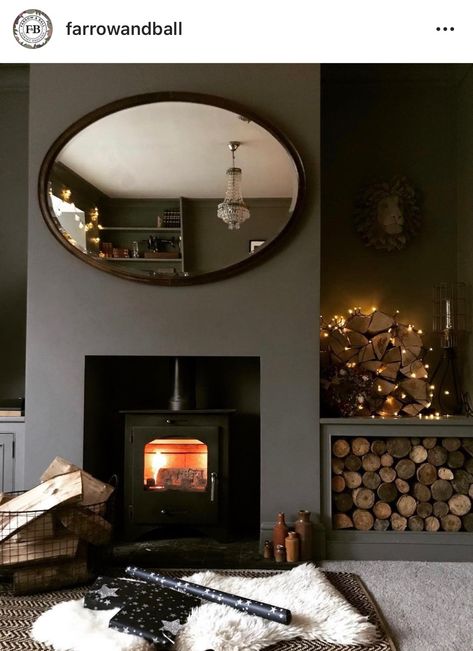 Farrow And Ball Moles Breath, Paint Farrow And Ball, Moles Breath, Farrow And Ball Living Room, Dark Green Living Room, Log Burner Living Room, Snug Room, Dark Living Rooms, Cosy Living