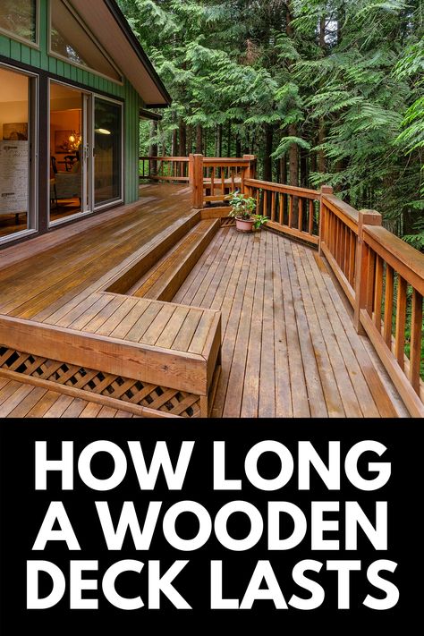 If you're thinking about building a wooden deck, or are wondering how long your deck will last before it needs to be replaced, we've got you covered! Here, we cover everything you need to know about decks and how long they last. Read more at OwnTheYard.com! Deck High Off Ground, Low Wooden Deck, Staggered Deck Boards, Raised Wooden Deck, Low Wood Deck Ground Level, Deck Skirting, Plastic Lumber, Pressure Treated Wood, Deck Builders