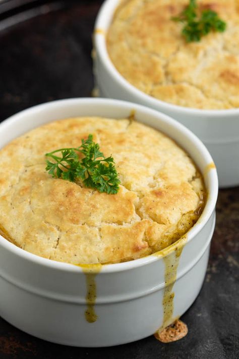 Dinner doesn't get any better than this. Chicken n Dumpling Casserole for Two with a biscuit-like topping is easy to make and a total comfort food. It's delicious and warming, the perfect dinner for chilly evenings! Chicken Pot Pie With Cornbread, Chicken N Dumpling, Pot Pie With Cornbread Crust, Chicken And Dumpling Casserole, Casserole For Two, Gluten Free Chicken Pot Pie, Cornbread Crust, Dumpling Casserole, Chicken N Dumplings