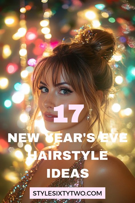 New Year's Eve is the perfect occasion to style your hair in celebration of a fresh start. Medium to long hair looks gorgeous in elegant updos or cascading waves. Curly hair can shine with defined ringlets or a charming half-up style. Short hair turns heads with a sleek bob or a textured pixie cut complemented by bold accessories. Whatever your style, this is the night to embrace your individuality and ring in the new year in unforgettable fashion. Nye Hairstyles Updo, Hair Ideas For New Years Eve, New Years Long Hair Styles, Long Hair New Years Eve Style, Easy Glamour Hairstyles, New Year’s Eve Updos, Hair Styles For Nye, Cute Updos For Fine Hair, New Year’s Eve Makeup And Hair